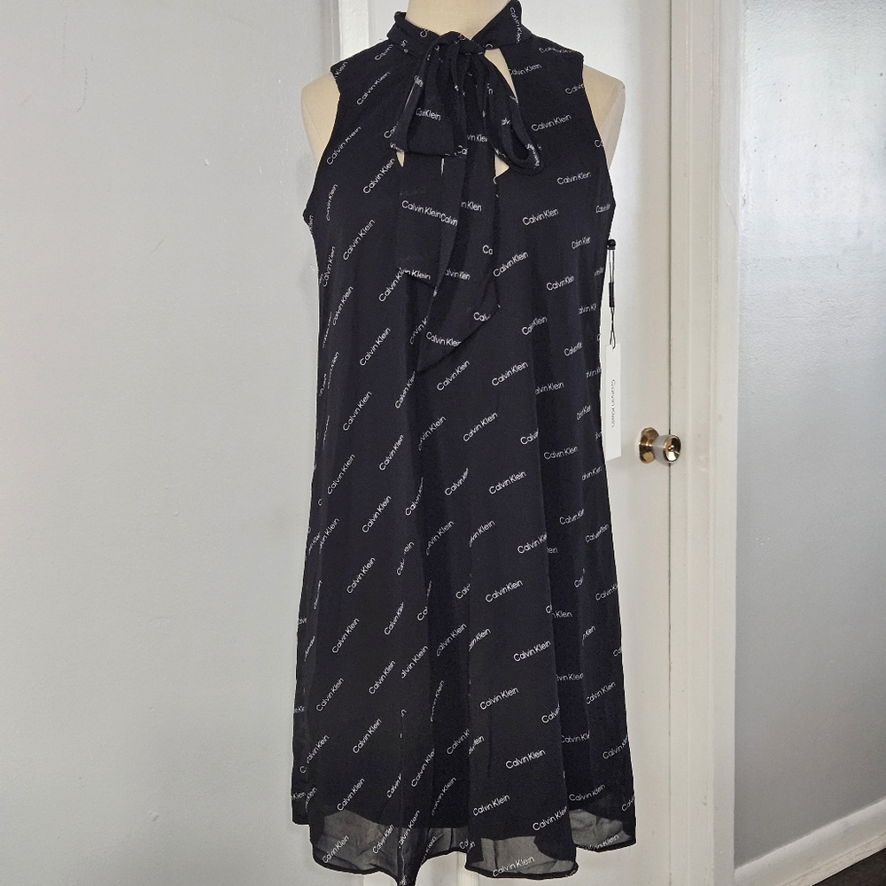 Calvin Klein Women's Logo Chiffon Tie Neck Shift Dress‎ Size:2 NWT - Picture 5 of 10